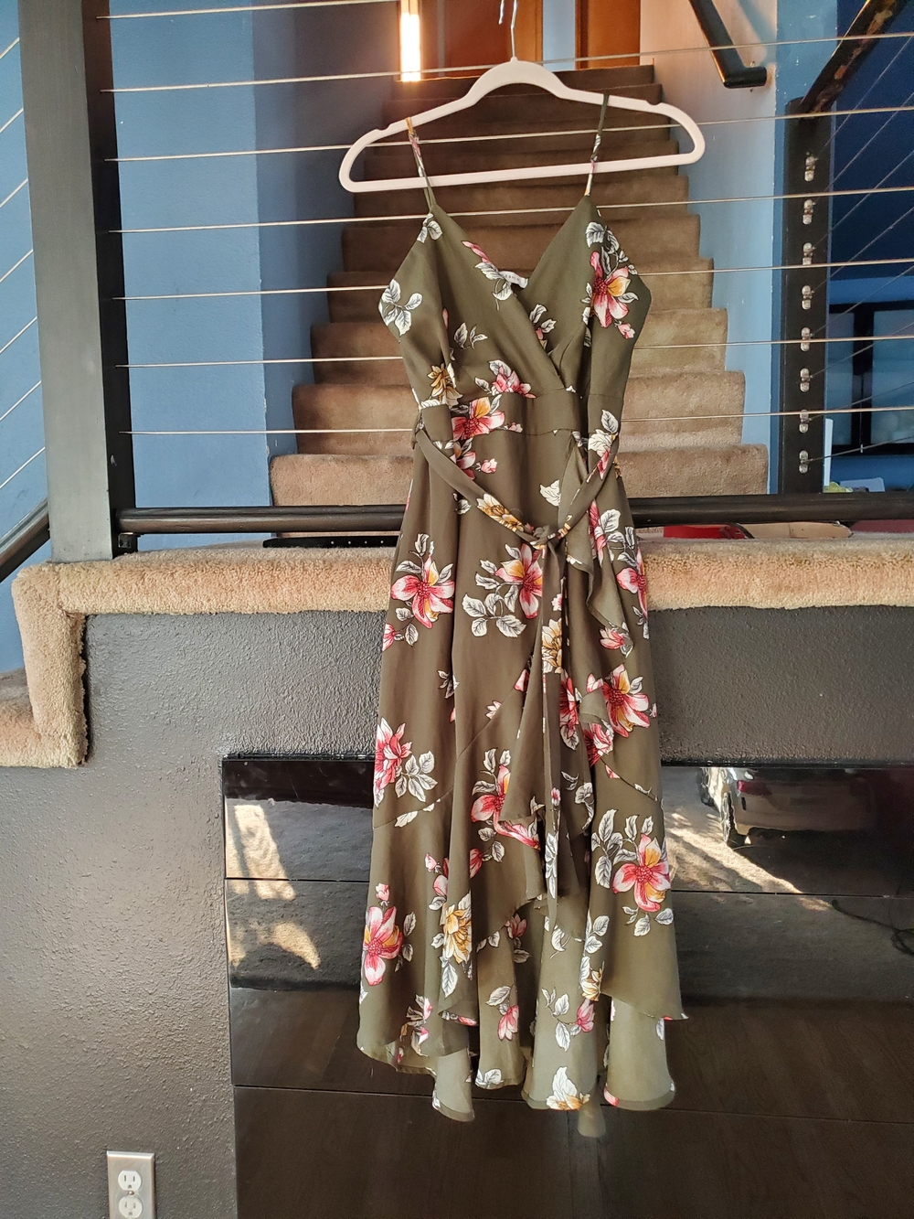 Purple Snow Olive Floral High-Low Wrap Dress with Spaghetti Straps